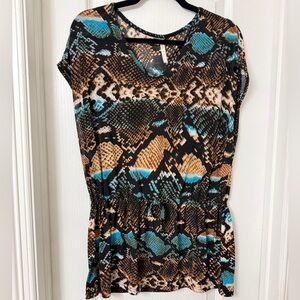 Michael F. turquoise and brown snake print peplum drawstring top size L
